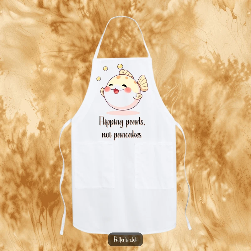 Funny apron illustrating a happy pufferfish juggling three precious pearls while cooking, adding humor to kitchen duties.