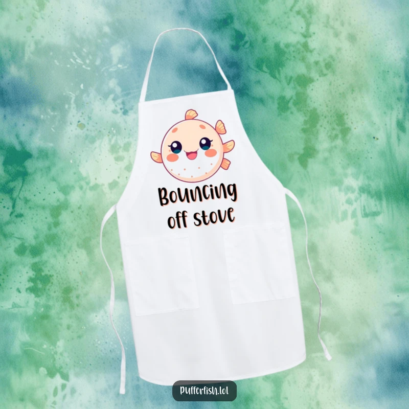 Funny apron featuring a round pufferfish character bouncing like a ball, ideal for kitchen use with a playful and humorous theme.