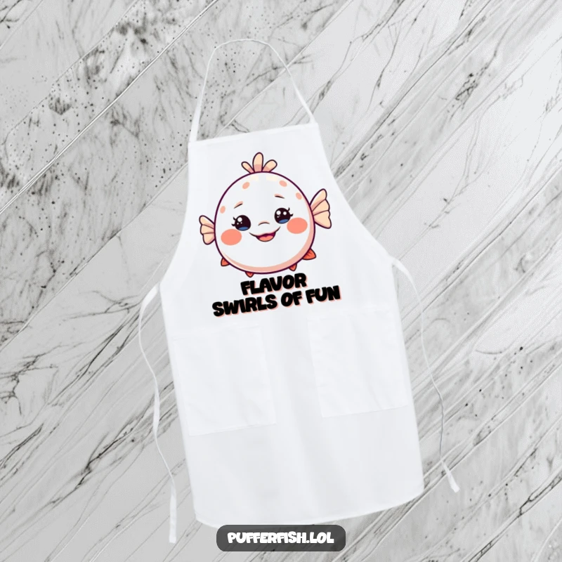 Funny Dizzy Pufferfish Apron: An apron depicting a slightly dizzy pufferfish with an exaggerated, playful smile, ready for kitchen fun.