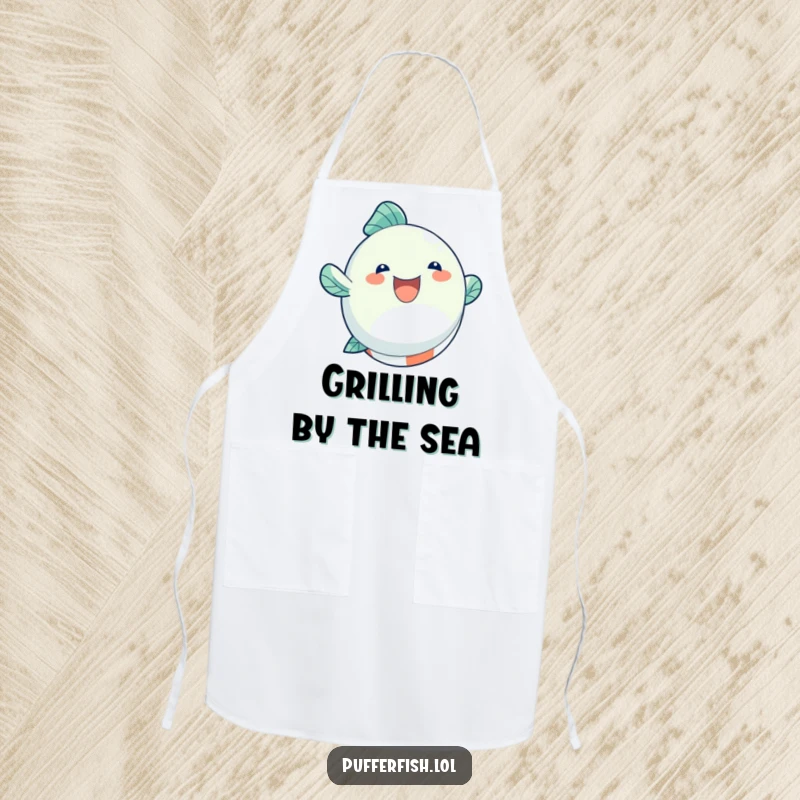 Funny Apron showing a round, inflated fish character joyfully bouncing on a beach ball, ready for summer kitchen fun.