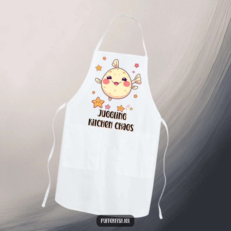 Funny kawaii pufferfish apron, juggling small colorful sea stars, perfect for kitchen duties with a talented twist.