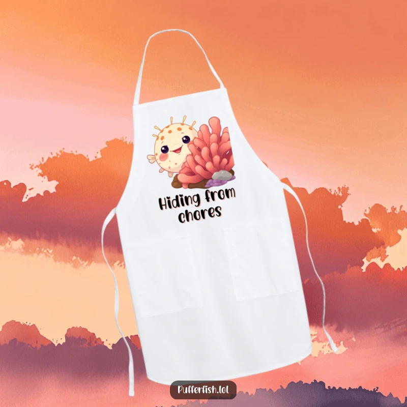 Funny pufferfish apron, humorously peeking from behind a colorful coral, a playful and amusing cooking accessory.