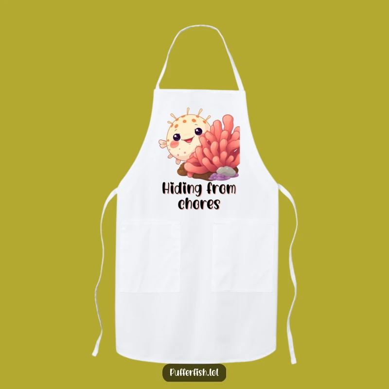 Funny Peek-a-Boo Pufferfish Apron: Coral Hiding Kitchen Fun, Perfect Funny Gift