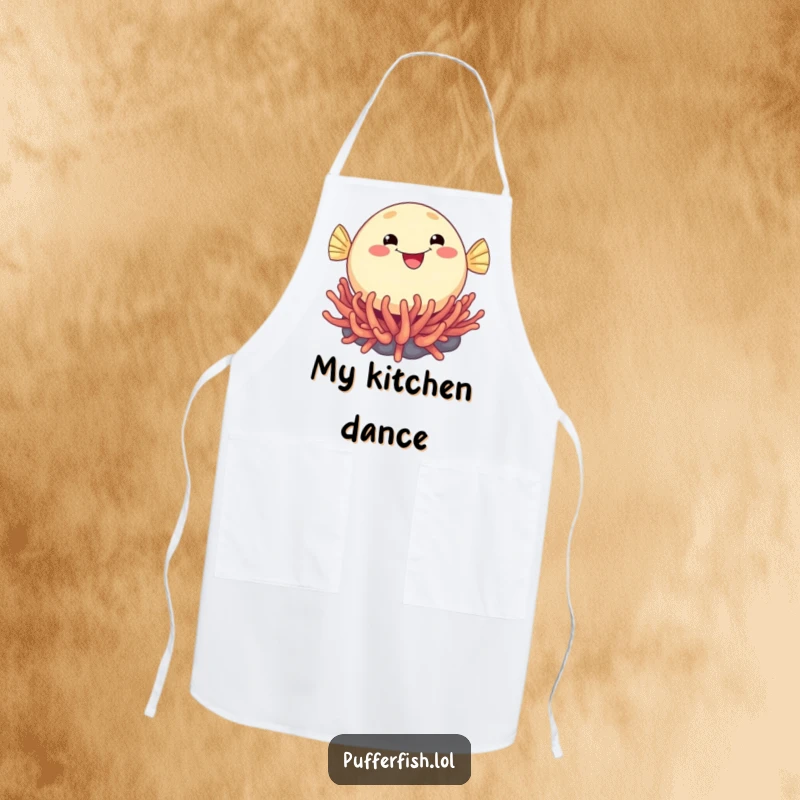 Funny apron depicting a round, smiling pufferfish in a bouncy pose above a sea anemone, perfect for a cheerful cook.