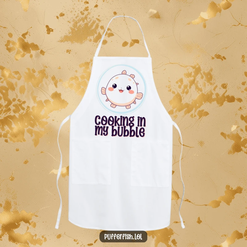 Funny Pufferfish Bubble Apron: A cute pufferfish peeks from behind a large bubble, adding playful charm to kitchen wear.