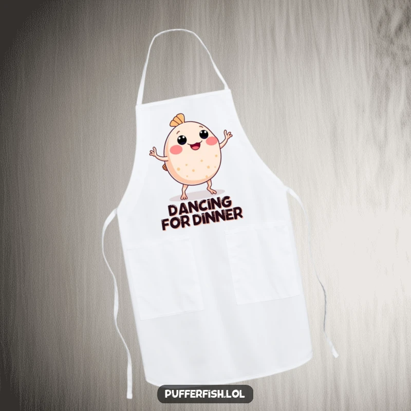 Funny Pufferfish Apron: A fun apron depicting a pufferfish comically dancing with wobbly arms and legs, perfect for a lively kitchen.