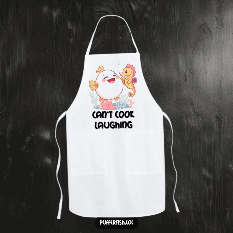 Funny apron showing a happy pufferfish giggling profusely while a seahorse playfully tickles its underside, making cooking fun.
