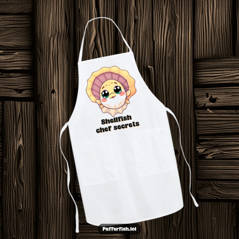 Funny Apron: A curious pufferfish peeks from behind a seashell, bringing a humorous and charming touch to kitchen activities.