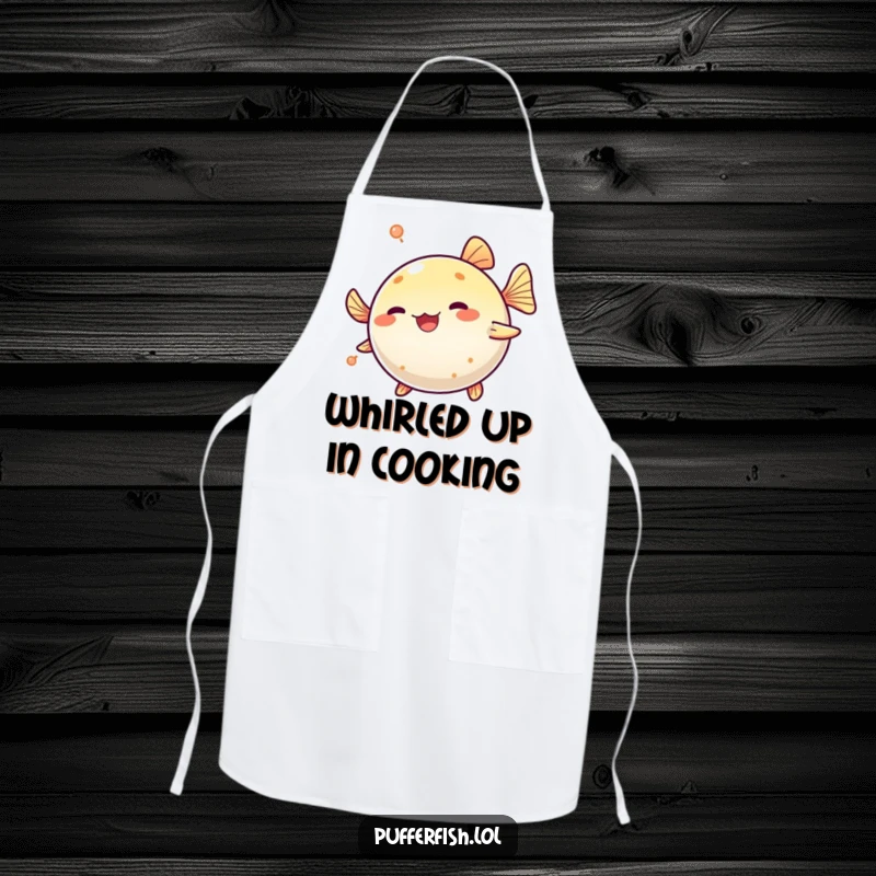 Funny Pufferfish Spinning Apron: A cute pufferfish playfully spins in a circle, adding humor and fun to kitchen wear.