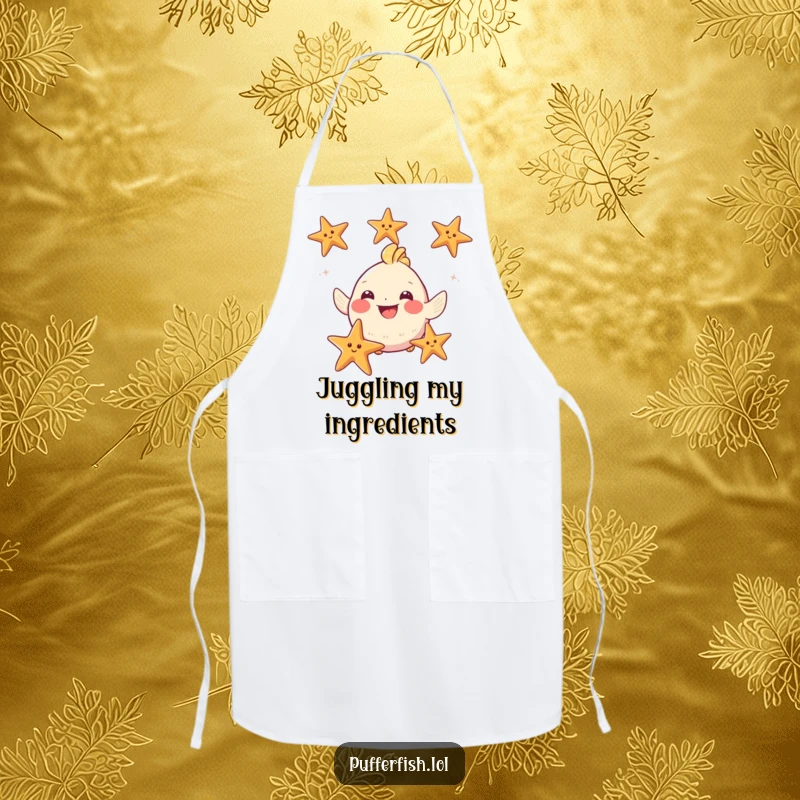 Funny Puffy Fish Apron: A cheerful, round fish juggles three starfish while cooking, adding a humorous touch to kitchen wear.