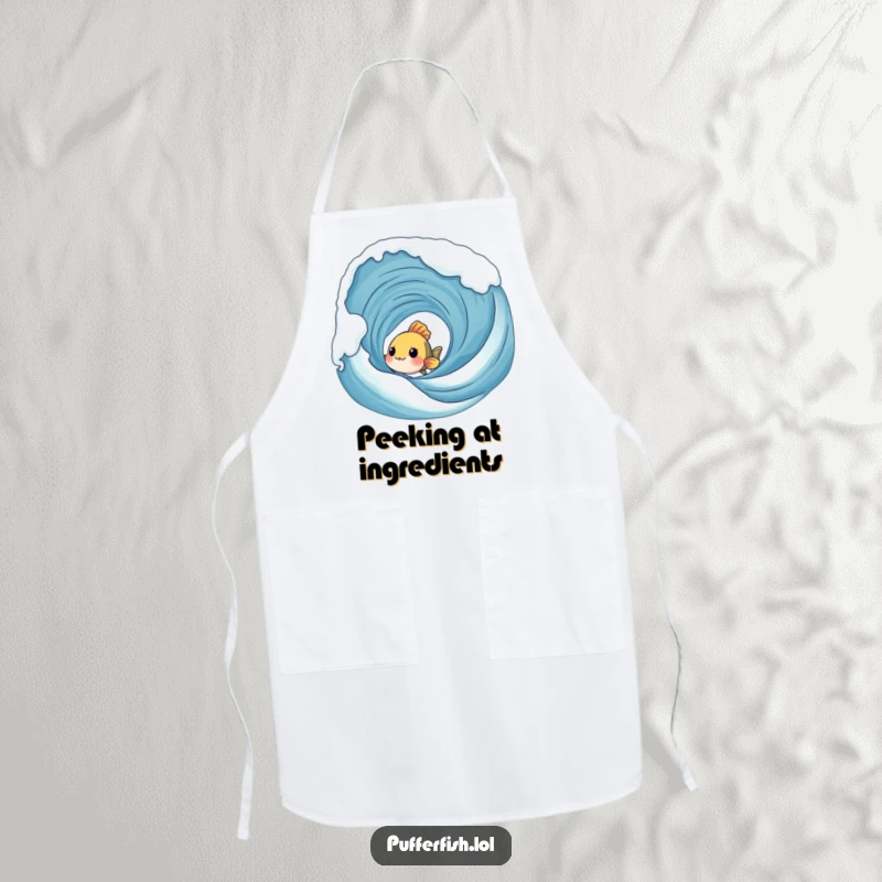 Funny Shy Fish Apron: A shy fish peeks from behind a bubbly wave, making this a humorous and practical kitchen accessory.