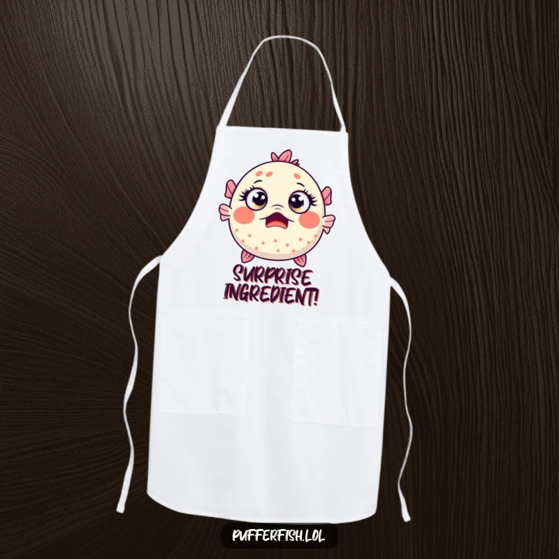 Funny Kawaii pufferfish with wide, surprised eyes, adorning a cooking apron.
