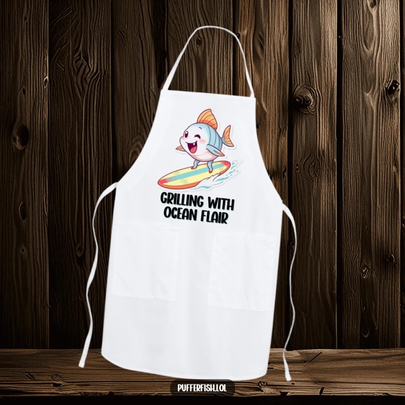Funny Surfing Fish Apron: An apron depicting an excited fish character surfing on a tiny surfboard, ready for kitchen adventures.