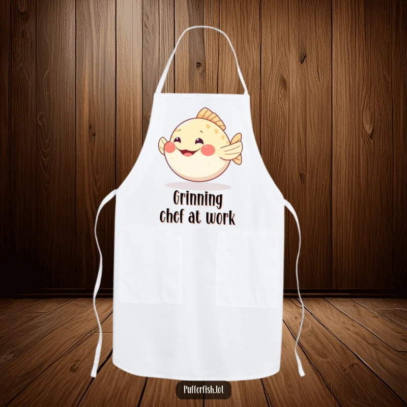 Funny pufferfish apron wiggling fins with a happy grin, a cheerful and practical kitchen accessory.