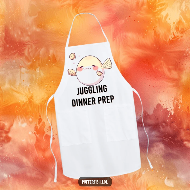 Funny pufferfish apron, skillfully juggling shiny seashells with its fins, a humorous and talented cooking accessory.
