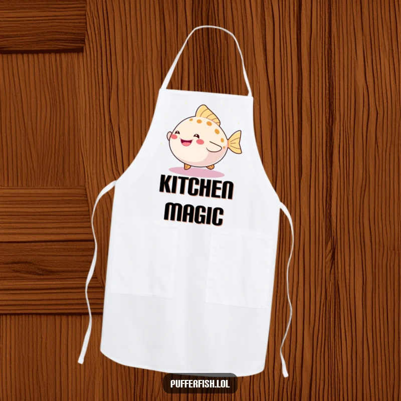 Funny apron showcasing a happy pufferfish performing a joyful dance surrounded by a shower of dazzling sparkles.