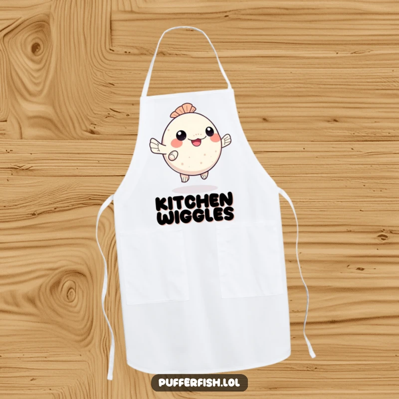 Funny kawaii pufferfish apron, happily dancing with wiggling fins, perfect for cooking and as a funny gift.