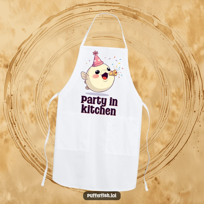 Funny apron showing an excited pufferfish in a party hat, celebrating culinary success with a burst of confetti.