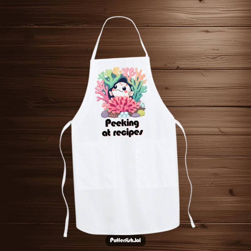 Funny Curious Pufferfish Apron: Hilarious kitchen wear with a pufferfish peeking from a coral reef, ready for a funny cooking session.