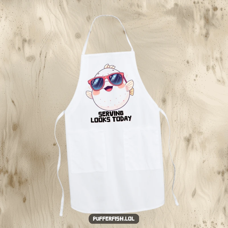 Funny apron: a pufferfish chef giggling in oversized, sparkly sunglasses, ready to cook up a storm with humor and style.