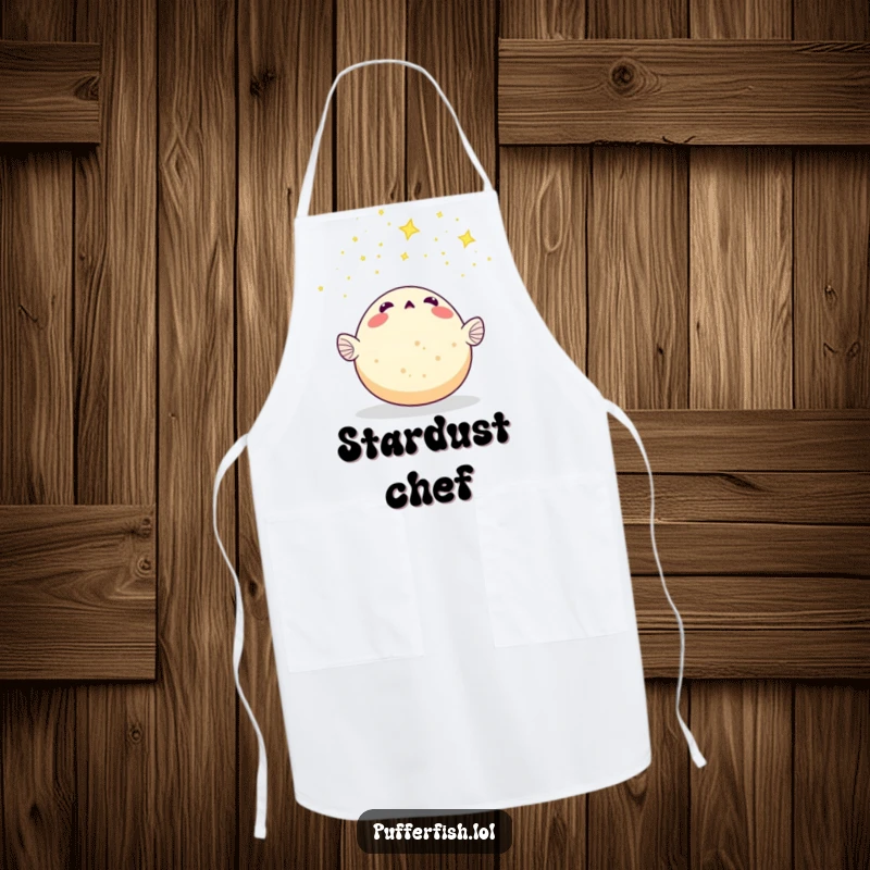 Funny Pufferfish Apron: A surprised pufferfish marvels at a meteor shower of tiny stars, bringing cosmic humor to the kitchen.