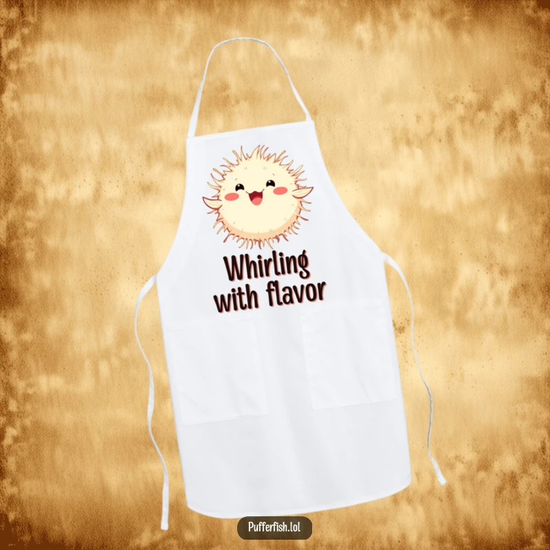 Funny Pufferfish Apron with a fluffy pufferfish spinning enthusiastically, ideal for a humorous and protective kitchen accessory.