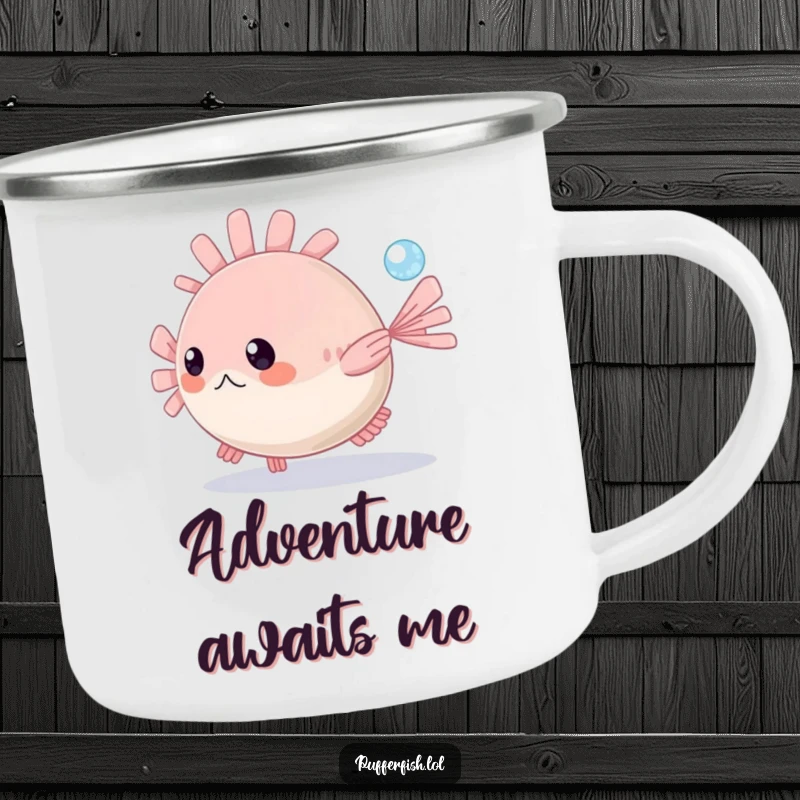 Funny Pufferfish Camping Mug: A playful pufferfish happily chases a minuscule sparkling bubble in the clear blue sea, ideal for adventures.