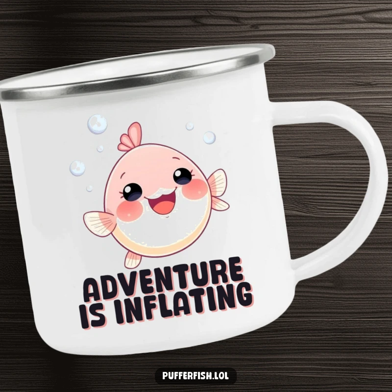 Funny pufferfish bubble enamel camping mug depicting a gleeful pufferfish swimming upwards with cheerful bubbles, ideal for outdoor use.