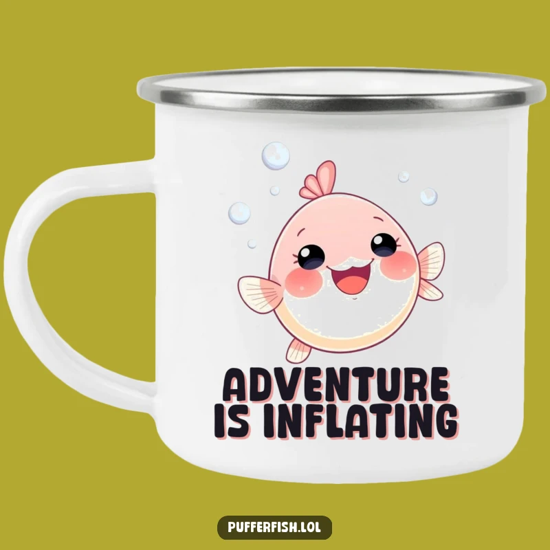 Funny Pufferfish Bubble Enamel Mug: Gleeful Swimmer for Adventures, Perfect Funny Gift