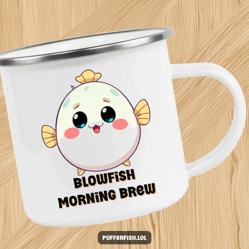 Funny kawaii pufferfish camping mug, inflating with a happy surprised face, ideal for outdoor drinks and ocean lovers.