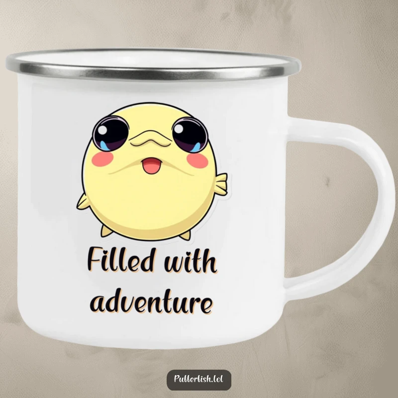 Funny camping mug showing a kawaii pufferfish character rapidly inflating with wide, joyful eyes, bringing aquatic charm to adventures.