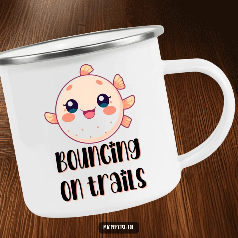 Funny camping mug showing a round pufferfish character bouncing like a ball, perfect for outdoor use with a playful and humorous theme.