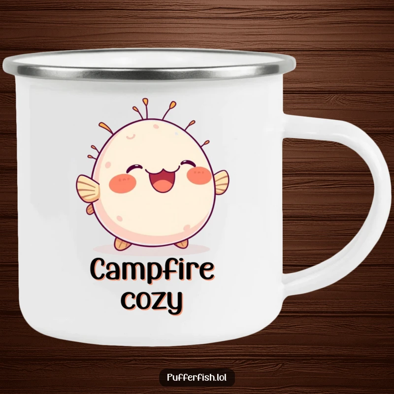 Funny camping mug with a chubby pufferfish bobbing with delight, perfect for enjoying beverages in the great outdoors.