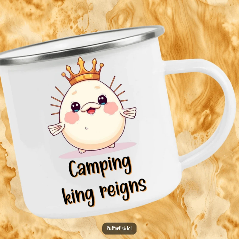 Funny pufferfish camping mug, humorously balancing a tiny crown on its inflated head, a regal and humorous companion for adventures.