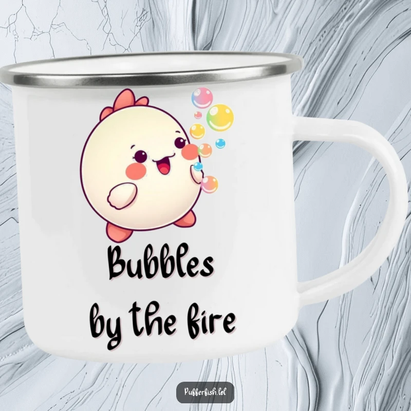 Funny Kawaii pufferfish blowing colorful, happy bubbles, depicted on a durable enamel camping mug.