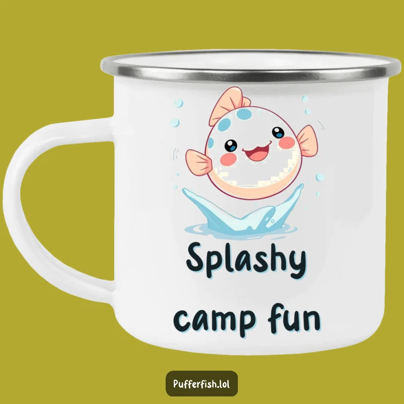 Funny Kawaii Pufferfish Camping Mug - Leaping Outdoor Character, Rustic Humorous Gift!