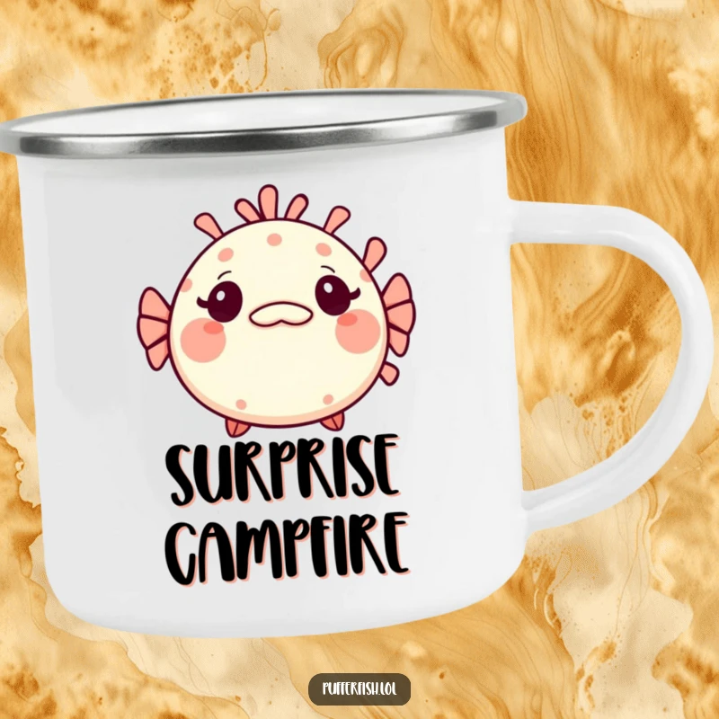 Funny Kawaii pufferfish camping mug, a cute fish looking surprised with a tiny, mischievous grin, perfect for outdoor beverages.