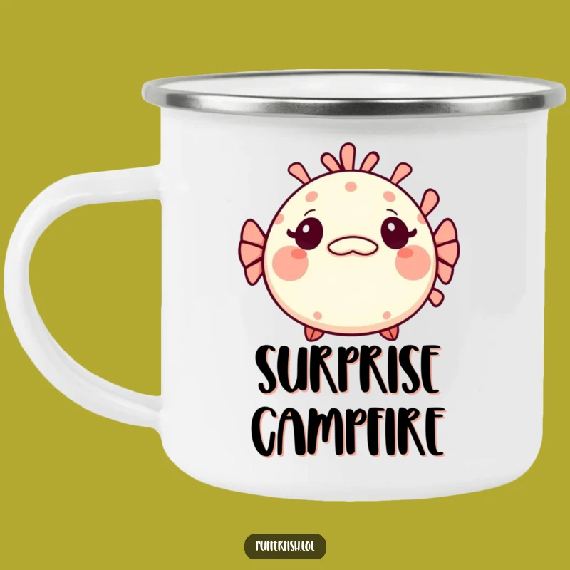 Funny Kawaii Pufferfish Camping Mug: Surprised Fish Cup with Mischievous Adventures