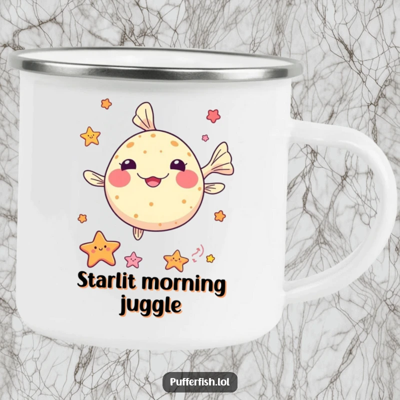 Funny kawaii pufferfish camping mug, juggling small colorful sea stars, ideal for outdoor drinks and ocean lovers.