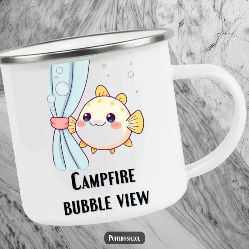 Funny kawaii pufferfish peeking from behind bubbly water, a durable and humorous camping mug for outdoor adventures.
