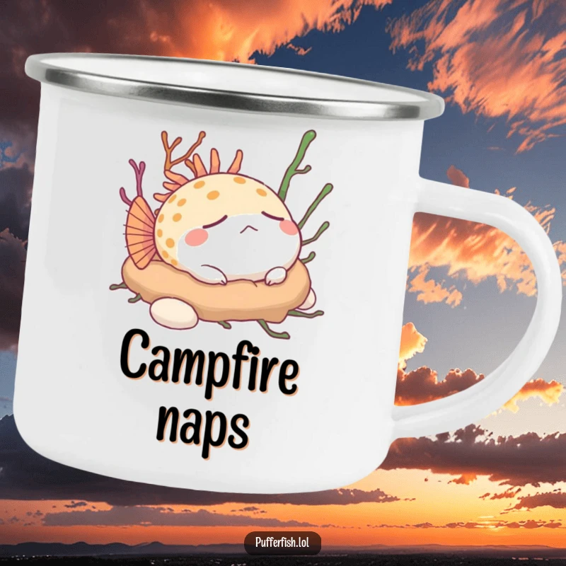 Funny Pufferfish Camping Mug: A content pufferfish peacefully naps on a soft bed of seaweed, bringing calm humor outdoors.