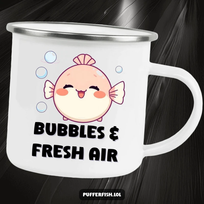 Funny pufferfish camping mug blowing cheerful bubble rings, a durable and amusing drinkware for outdoor enthusiasts.