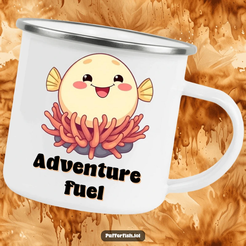 Funny camping mug with a round, beaming pufferfish bouncing on a sea anemone, designed for cheerful outdoor sipping.