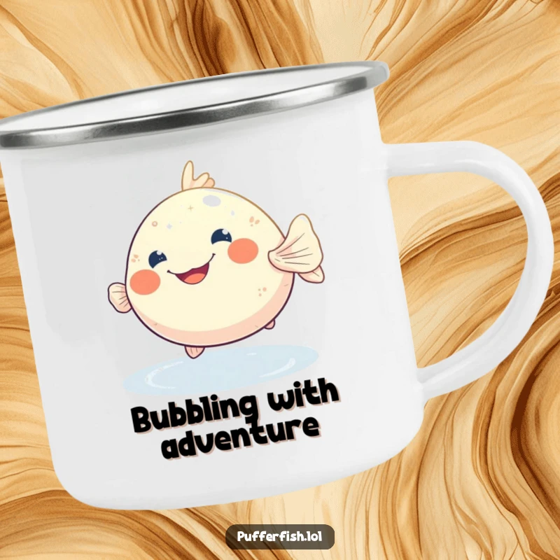 Funny pufferfish camping mug featuring a wide, jolly grin, bobbing in shimmering water, perfect for cozy outdoor moments.