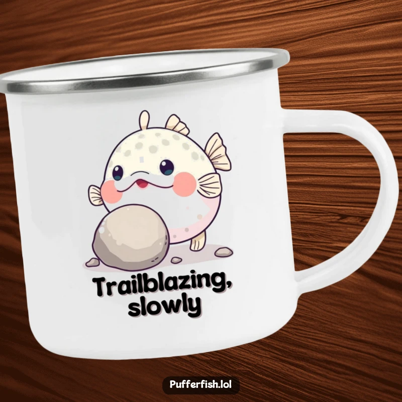 Funny Pufferfish Grit Camping Mug: A rugged camping mug featuring a determined pufferfish humorously pushing a large, round pebble with its nose.