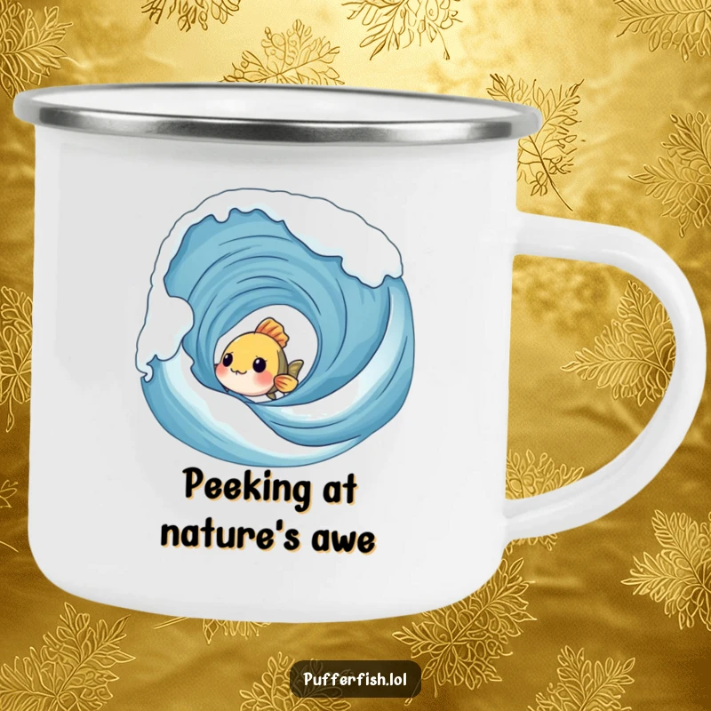Funny Shy Fish Camping Mug: A shy fish peeks from behind a bubbly wave, bringing humor to your outdoor beverage experience.