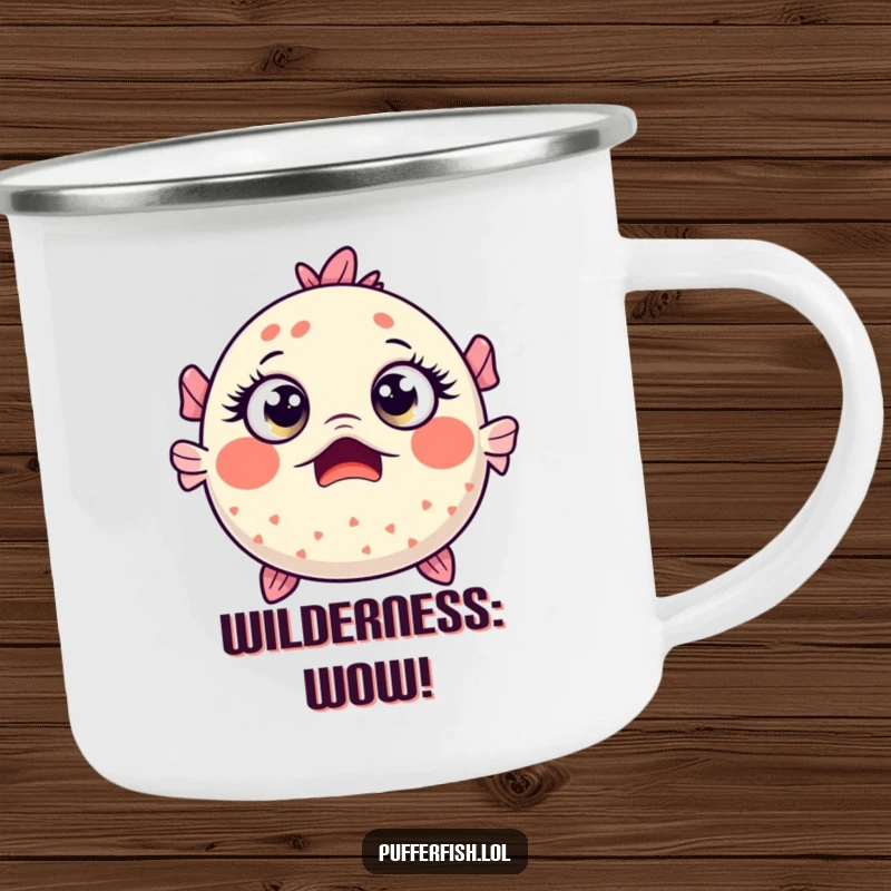 Funny Kawaii pufferfish with wide, surprised eyes, depicted on a durable enamel camping mug.