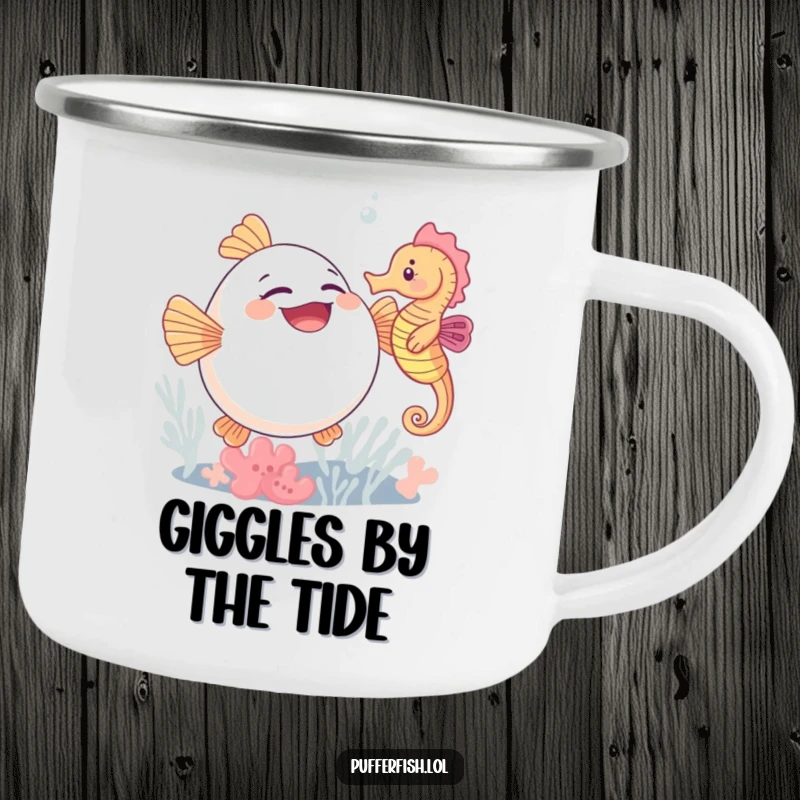 Funny camping mug showing a delighted pufferfish giggling from a seahorse's tickles, perfect for campers who enjoy humor.