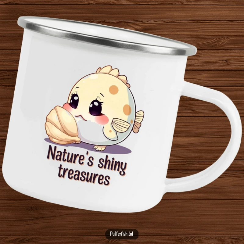 Funny camping mug showing a curious pufferfish character inspecting a shiny seashell with wide eyes, ideal for outdoor adventures and curious sippers.