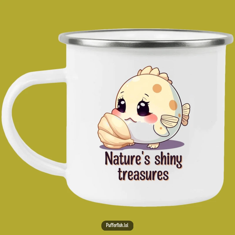Funny Curious Pufferfish Camping Mug: Outdoor Exploration, Hilarious Drinkware